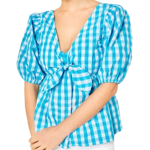 Lilly Pulitzer Tops - Lilly Pulitzer Sarafina Gingham Babydoll Womens Puff Short Sleeve Tie Top Blouse